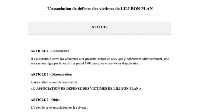 CRÉATION DE "L’ASSOCIATION DES VICTIMES DE LILI BON PLAN"